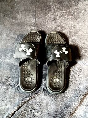 Women Under Armour Black Slide Sandals with White Logo